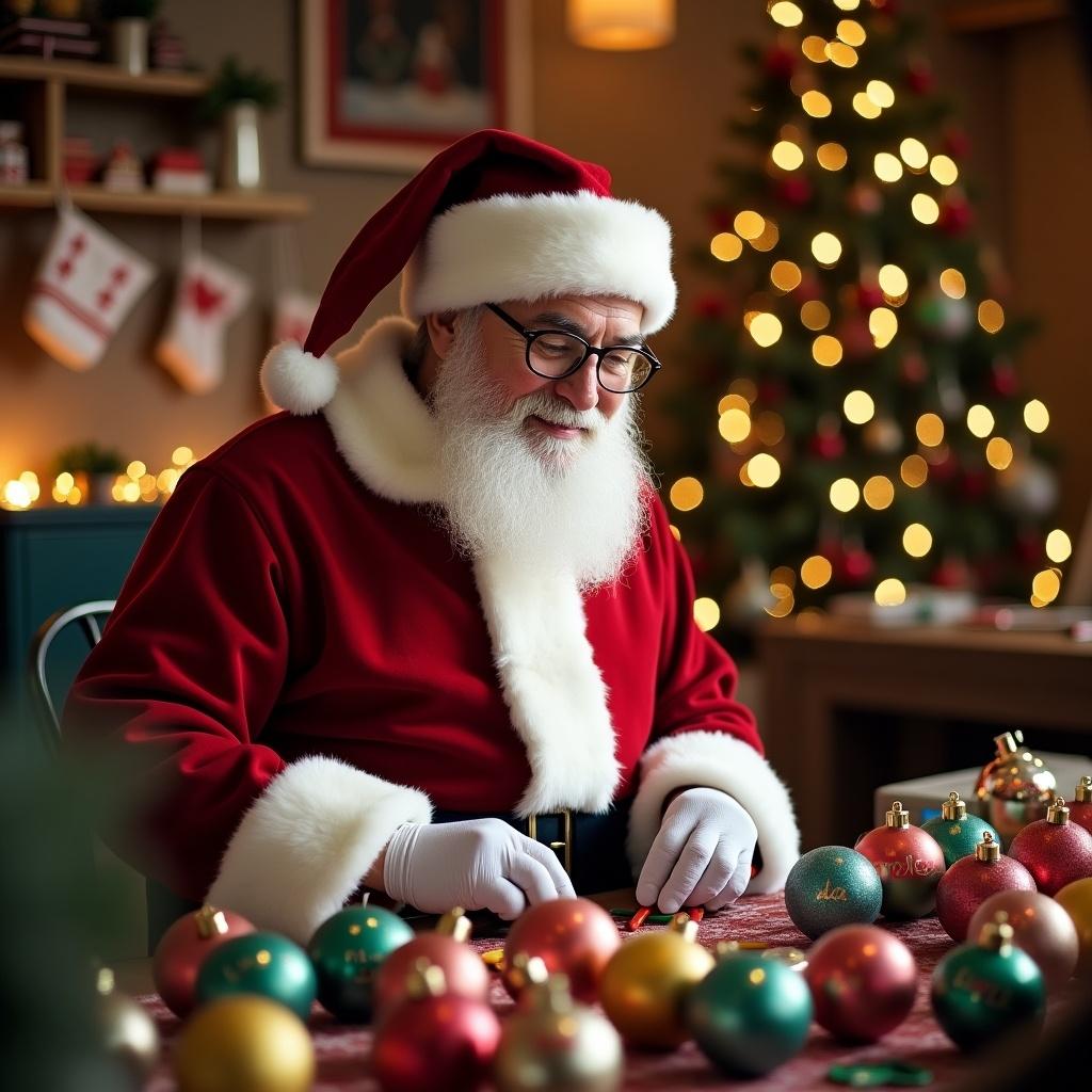 This image features Santa Claus, dressed in traditional red and white attire, carefully making Christmas baubles with names on them. He is sitting at a table adorned with colorful ornaments, surrounded by a beautifully decorated Christmas tree in the background. The warm, soft lighting adds a cozy touch, enhancing the festive mood. Santa's expression is focused and cheerful, embodying the spirit of the holiday season. This scene evokes feelings of joy and nostalgia, perfect for celebrating Christmas time.