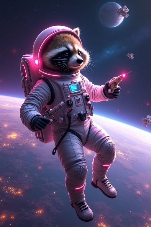 A raccoon astronaut floats through space in a glowing suit. The suit has touchpads and holograms. Earth glows in neon hues with visible city lights. Abandoned satellites are present as the raccoon uses a laser tool to repair an orbital station.