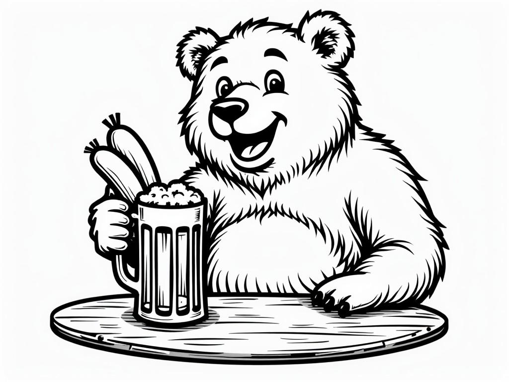 A cartoon-style bear sits at a table, happily holding a mug of beer. The bear has a cheerful expression, with fluffy fur and a playful demeanor. In the other hand, it holds sausages. The image is in black and white, emphasizing the playful and whimsical nature of the illustration. The bear is illustrated in a friendly and inviting way, suitable for a variety of family-friendly settings. The background is simple, allowing the bear and the beer mug to be the focus.