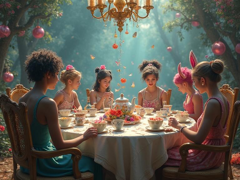 Gathering of children at a beautifully set tea party table. The table is adorned with delicate china and vibrant flowers. An enchanting forest surrounds the scene. Light filters through tree branches creating a mystical ambiance. Floating pastries and galaxy-themed teapots add a surreal touch.