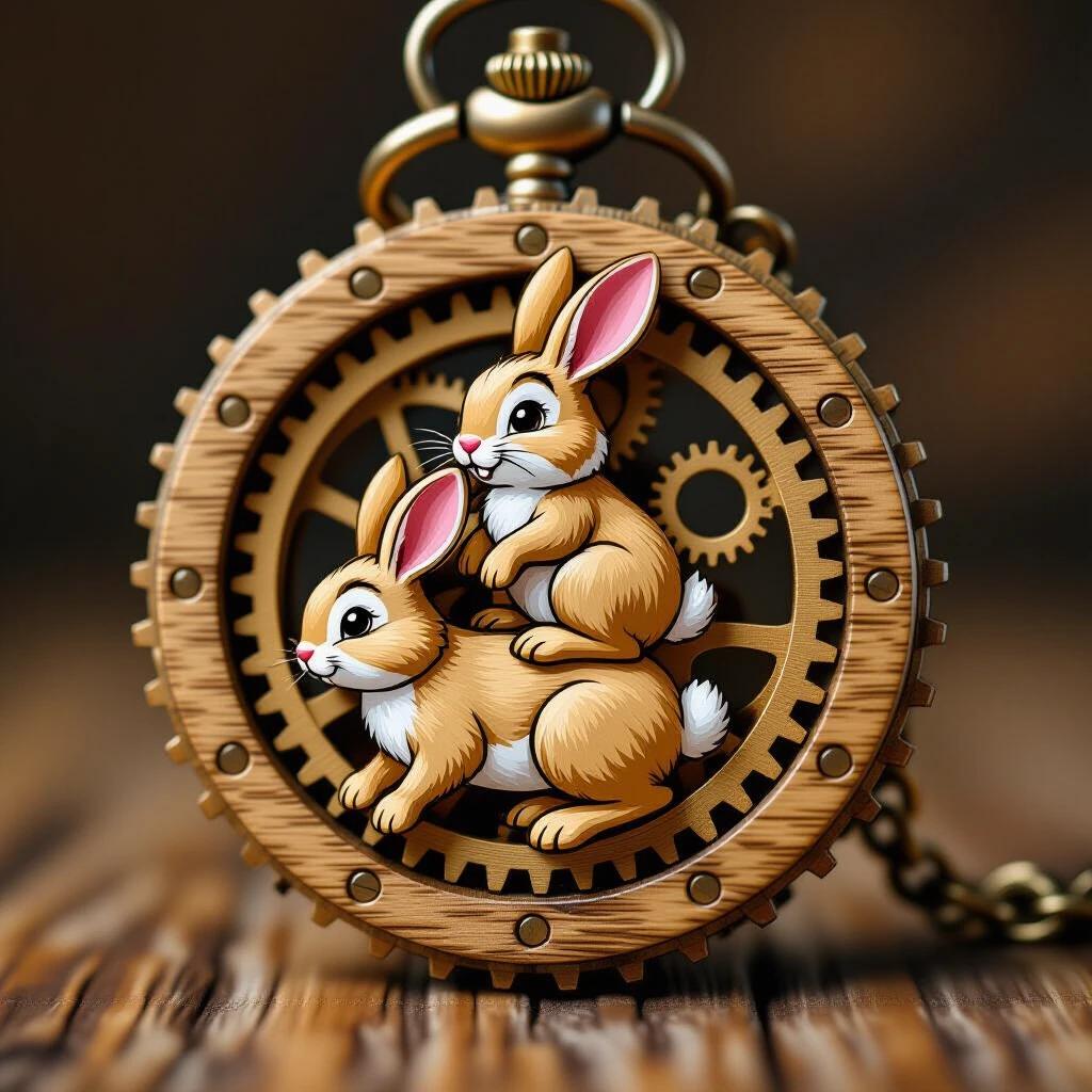 Aged wooden gears and cogs form a pocket watch. Two fluffy rabbits are illustrated riding each other. The design has a whimsical Disney style. The artwork features intricate details and presents in high resolution.