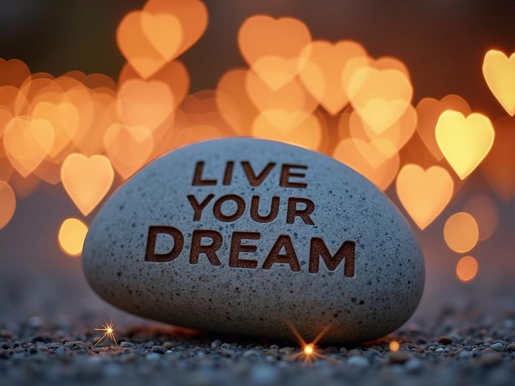 A smooth stone is prominently displayed, with the phrase 'LIVE YOUR DREAM' beautifully engraved on its surface. The background is filled with soft, blurred heart-shaped bokeh lights that create a warm, romantic atmosphere. The lighting is soft and inviting, casting gentle glimmers on the stone's surface. The overall composition conveys a sense of inspiration and positivity, perfect for motivating someone to pursue their aspirations. There are hints of sparkles on the ground, enhancing the dreamy feel of the setting.