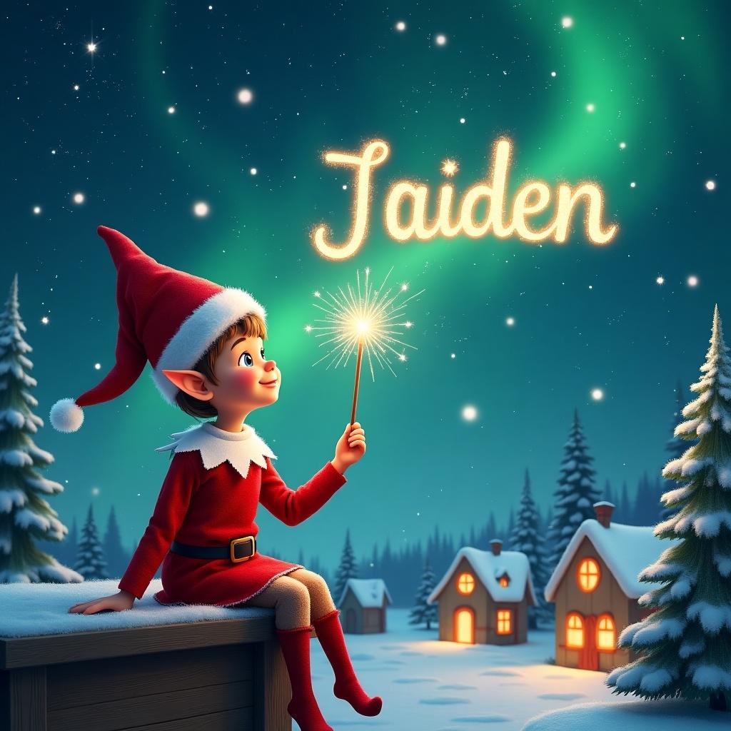 An elf sits on a wooden ledge, gazing up at a magical sky filled with stars and the Northern Lights. Dressed in a red outfit with a pointed hat, the elf holds a sparkling wand. The wand writes 'Jaiden' in the starry sky, enhancing the festive atmosphere. The scene features charming little houses and evergreen trees blanketed in snow. It captures the essence of childhood magic and evokes feelings of joy and wonder, perfect for Christmas themes.