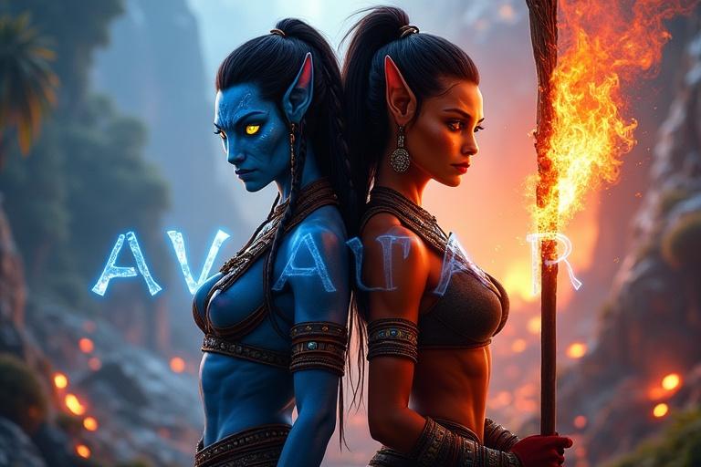 Cinematic digital illustration styled like Avatar movie poster. Two female warriors standing back-to-back. One blue-skinned Na’vi warrior with luminous yellow eyes and braided hair. Intricate bead and leather armor. The other red-skinned warrior with ember eyes wielding a staff with flame. Background showcases alien jungle. Cool blue lighting for Na’vi warrior. Fiery orange for red-skinned warrior. Glowing flora and erupting volcano. Title 'AVATAR' in icy-blue font. Subtitle 'Legacy of Fire' in red-orange cinematic font.