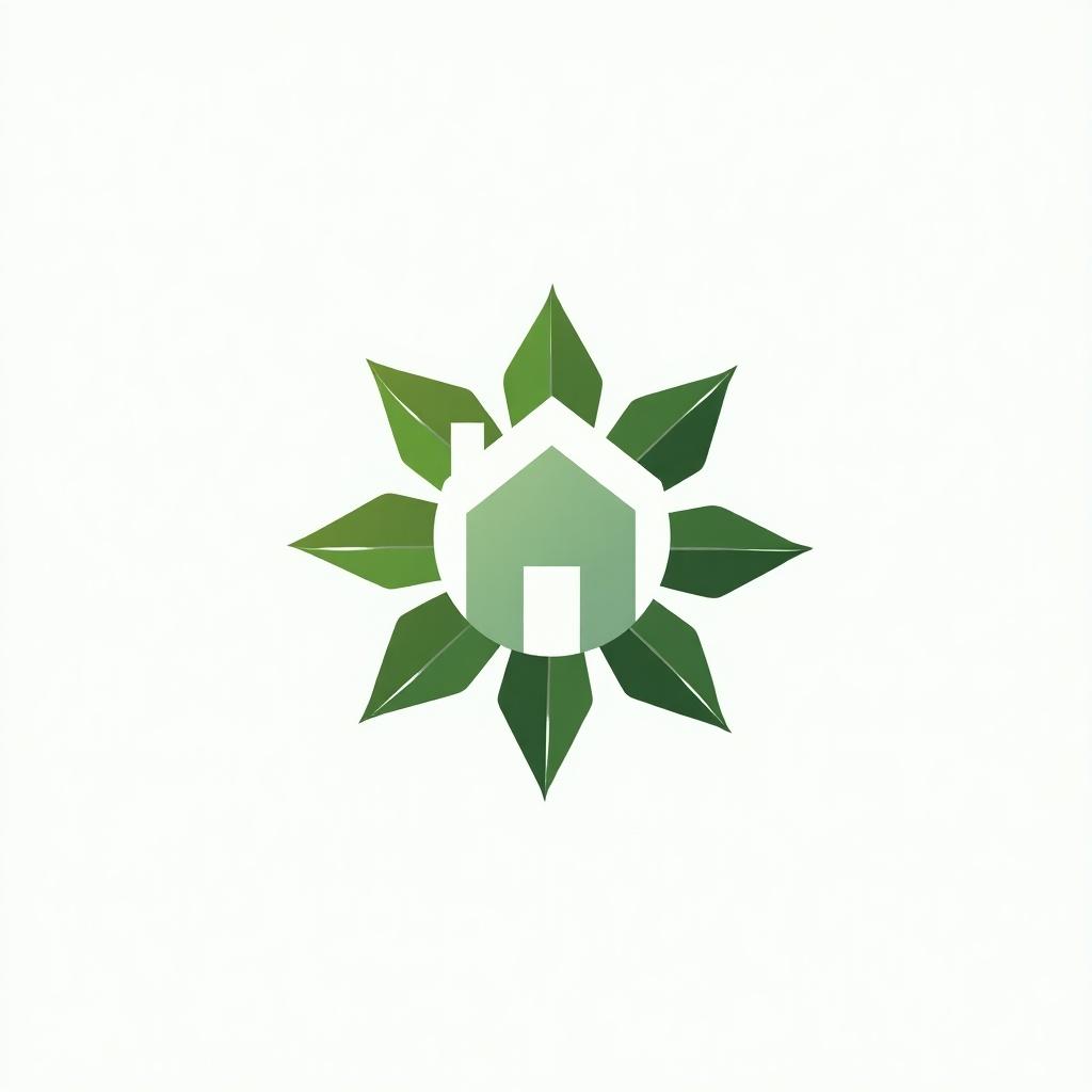 Logotipo de inmobiliaria sostenible. Usa elementos de tecnología y naturaleza. Incluye una casa y hojas verdes. Estilo moderno y limpio.