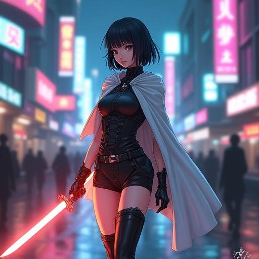 A girl stands in a futuristic city street. She holds a glowing sword with both hands. The girl wears a cybernetic uniform, a black leather corset, a white capelet, and knee-high black armored boots. The street is illuminated by neon signs, with reflections on the wet ground in the background.