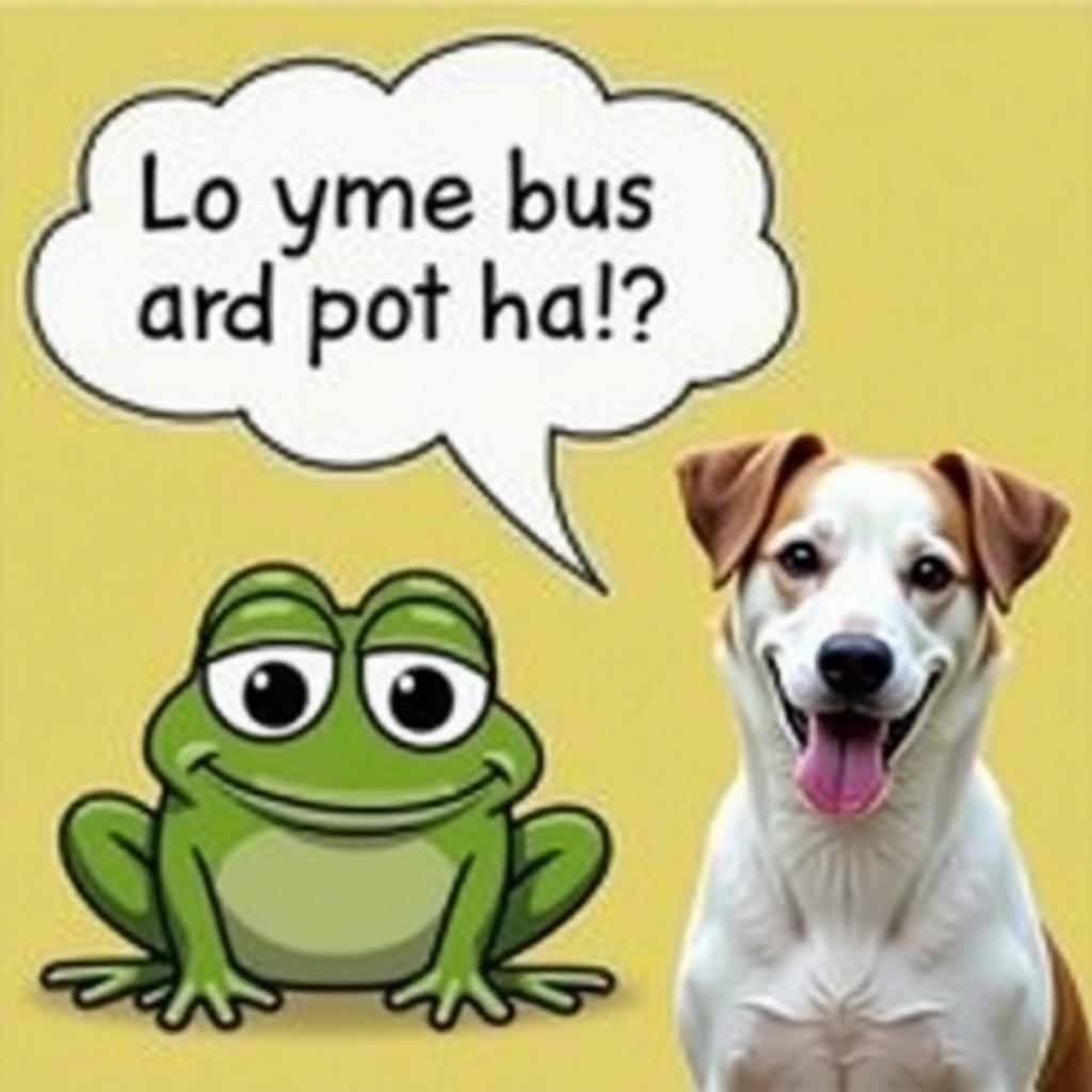 Playful meme featuring a frog emoji and a white dog with pointed ears. Humorous caption adds to the fun tone.