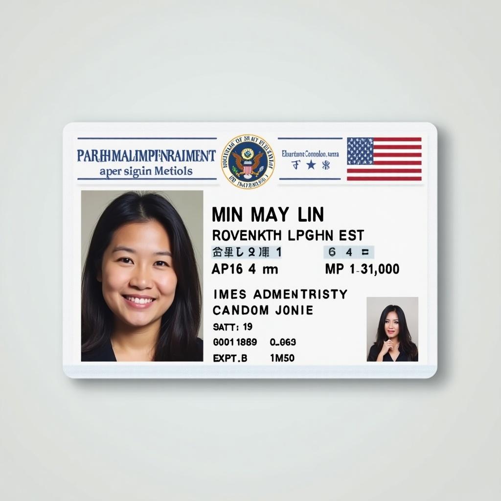 American ID card showcasing details of Min May Lin with a photo. Card includes security features, personal details, and governmental insignia.