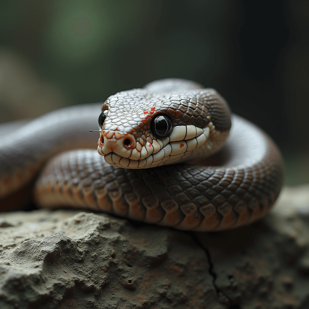 A snake with dark scales and bright eyes is coiled on a textured rock.