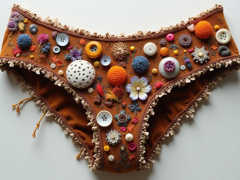 Exotic fabric adorned with various textures and mixed media elements. Features buttons, dried flowers, shells, and decorative threads. Rich interplay of colors and materials in a creative ensemble.