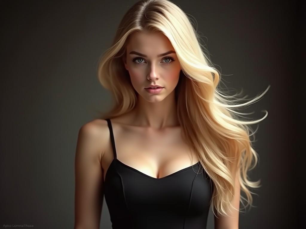 A striking girl with long, flowing blonde hair stands confidently in front of a dark background. She has a poised expression that exudes sophistication and allure. The soft, ambient lighting enhances her features, highlighting the natural beauty of her face and upper body. She is wearing a stylish black dress that complements her look. Her hair flows gracefully, adding to the overall elegance of the image.