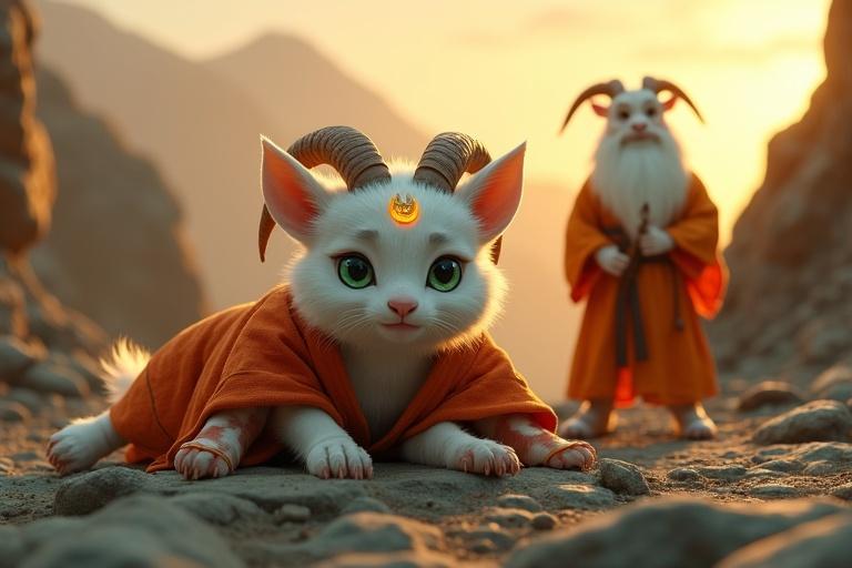 An ultra-HD 4K cinematic scene set at dusk on a rocky mountain training ground. A warm orange sky casts long shadows. Kittuu lies bruised on the ground wearing a light red karate gi. Kittuu has white fur and emerald-green eyes. Bandaged feet are scuffed. Large eyes glisten with tears. Golden forehead mark glows. Mahaguru, an elderly goat with a long white beard, stands nearby. He wears orange-white robes and holds a carved staff. Scene is vibrant with greens, oranges, and grays, emphasizing perseverance with hyper-detailed textures.