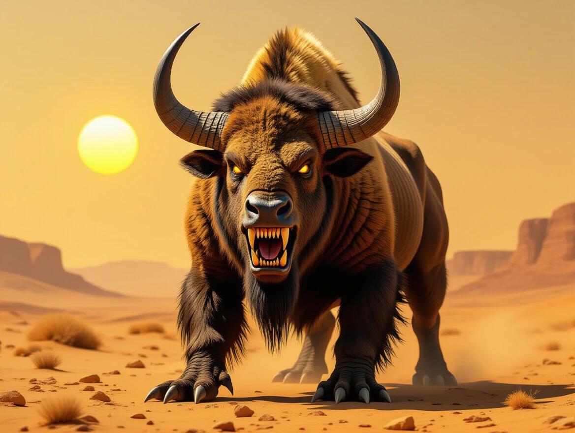 A monstrous creature with a bison head glowing black eyes and antler horns stands bipedally in a desert. The creature has razor sharp teeth and claws resembling a T-Rex. The background features an orange sun setting.