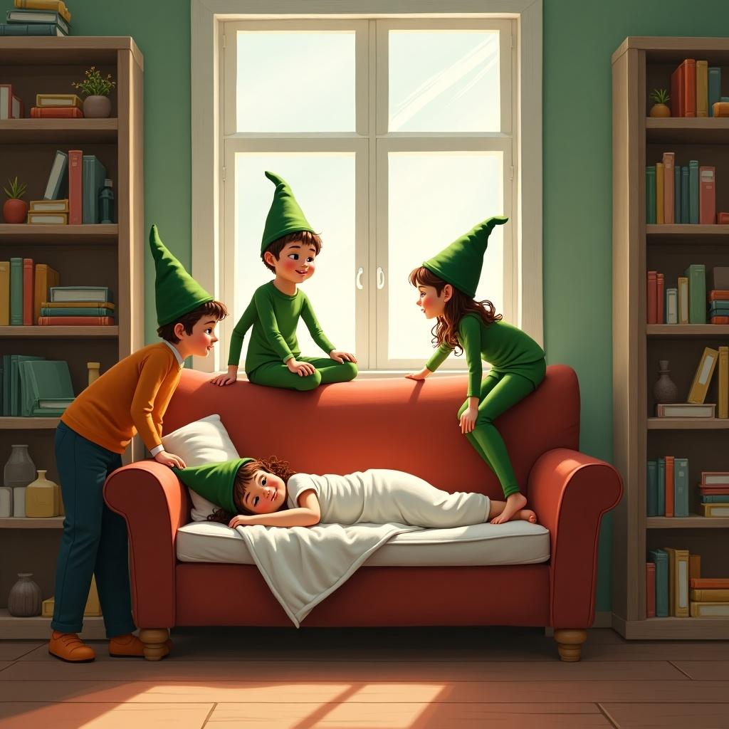 Two elves in green hats, a boy and a girl, lifting a couch with a girl sleeping. The scene is inside a cozy room with bookshelves and natural light.