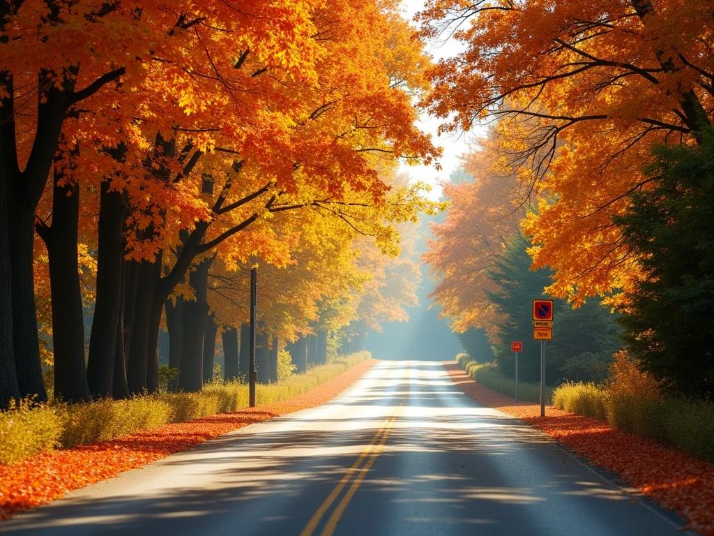 This image shows a picturesque autumn road surrounded by brightly colored leaves. The trees on both sides of the road are adorned with vibrant orange and yellow foliage, creating a warm and inviting atmosphere. Sunlight shines through the branches, illuminating a section of the road ahead, suggesting a dreamy journey. Traffic signs are visible, hinting that this is an actual road frequented by vehicles. The pathway looks clear, enticing anyone to drive or walk down it, ready to explore the beautiful fall scenery. Overall, the scene conveys tranquility and the beauty of nature during autumn.