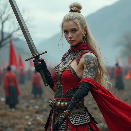 A modern female warrior in ancient Chinese armor. Styled with a high topknot and sharp features. Poses with sword and guan dao in a battlefield environment. Detailed tattoos showcase traditional motifs. The setting features misty mountains and banners. Overcast lighting enhances the scene.
