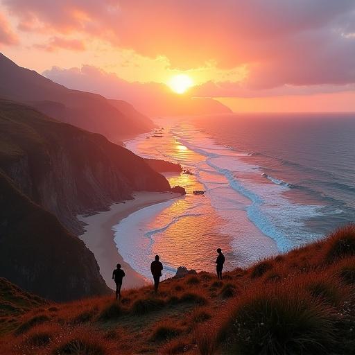 High-angle landscape photograph at sunset. Coastal scene with a river and distant mountains. Grassy hillside in the foreground. Three silhouetted figures present. Warm, golden and pink hues in the sky.