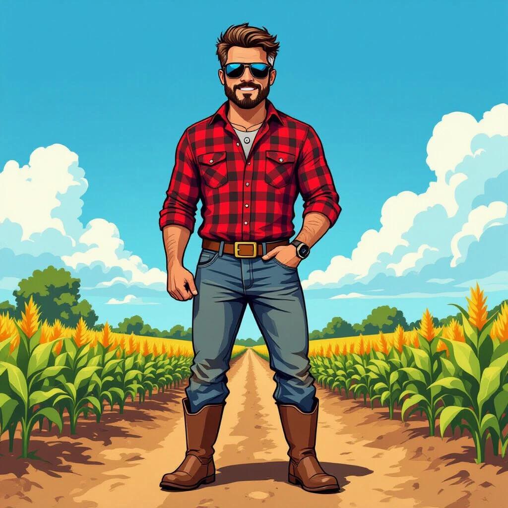 Vertical digital illustration of a farmer in a plaid shirt standing among crops. Confident pose. Sunglasses and boots detail. Rural farm background. Bright blue sky. High detail and cartoon style. Perfect for TikTok and Shorts.