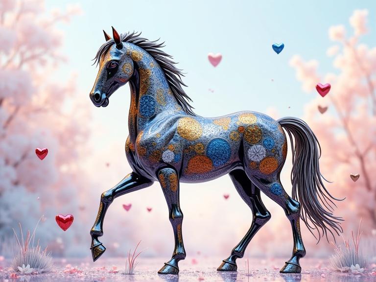 Polished metal horse stands proudly. Horse body has blue white orange gold and silver tones. Gold elements shine warmly while silver adds shimmer. Tiny hearts in silver orange pink and gold surround the horse. Background has pastel colors pale blue soft pink and lilac. This image evokes feelings of love and joy. Style inspired by Japanese Manga Fantia with watercolor texture.