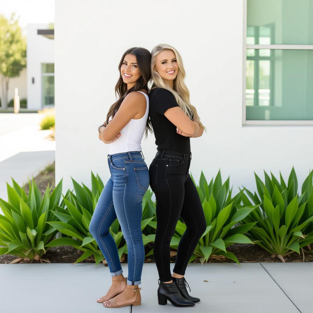 Two women standing back to back outside. One wears a white tank top and blue jeans, the other wears a black shirt and black jeans. Both women smile and pose confidently. Bright outdoor setting with green plants in the background.