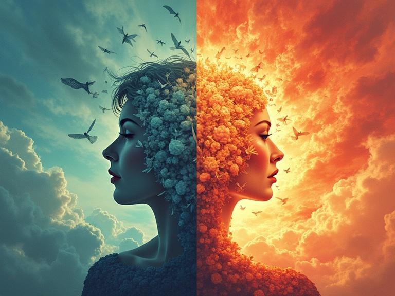 A powerful symbolic illustration of breaking free from societal myths during menopause. The image is split in half showing limiting beliefs and empowerment. One side depicts dark clouds and subdued colors while the other shows a bright sunset with flowers and vibrant hues.