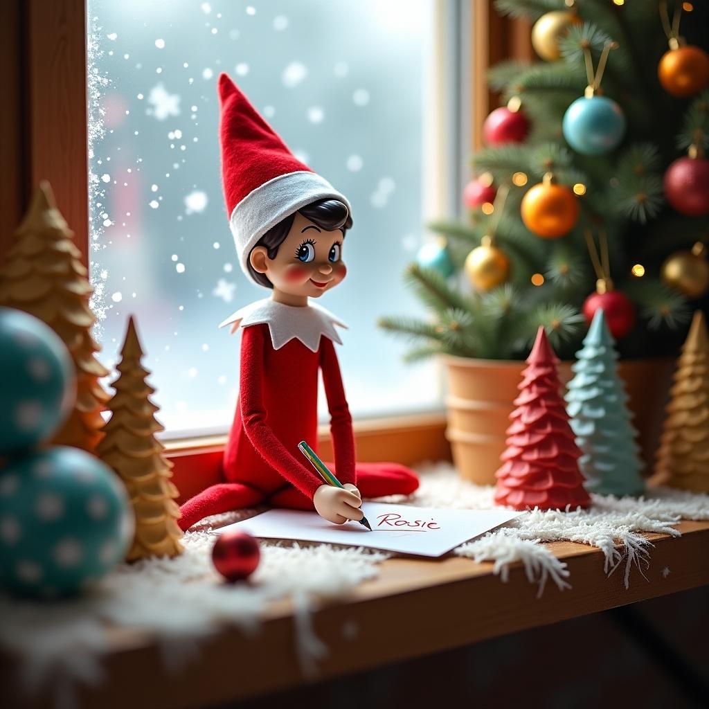 The image features a whimsical elf on the shelf, themed for the Christmas season. The elf is sitting beside a window, surrounded by festive decorations such as a small Christmas tree and colorful ornaments. In its hands, the elf holds a green pencil, carefully writing the name 'Rosie' on a piece of paper. Snowflakes softly fall outside the window, creating a picturesque winter scene. The warm light inside the room enhances the cozy and cheerful atmosphere, inviting viewers into a world of holiday magic.