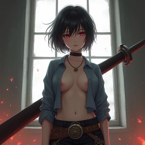 Anime-style digital painting of a woman with short dark hair. She has red eyes and fair skin. A loose blue shirt hangs off her shoulders. Black pants with a brown belt are visible. A necklace with a circular pendant is around her neck. A long dark object is over her right shoulder. A bright window is in the background. There is a reddish glow at the bottom. The setting looks aged or industrial. The lighting is dim but focused on the woman.
