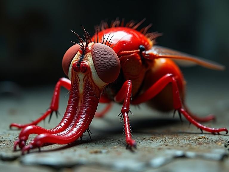 Photorealistic macro image of a large, vibrant red fly with squid tentacles replacing its mouthparts. The tentacles are glistening with suckers, covered in clear fluid. Focus on the details of the fly’s exoskeleton and compound eyes. It is perched on cracked concrete with graffiti underneath. Background is dark and blurred, hinting at urban decay. Mood is unsettling yet strangely beautiful. Style is hyperrealistic with shallow depth of field and strong highlights. Predominantly red colors contrasting with gray concrete.