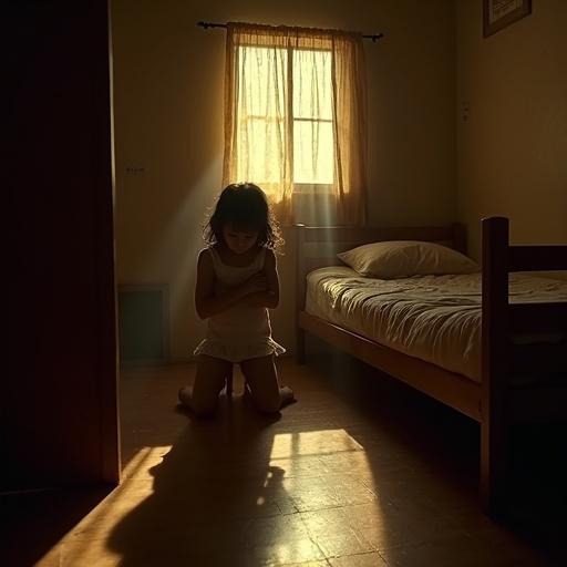 Cinematic photography depicting a children's room in 1970s Brazil. A girl sits on her bed, hugging her knees, with an expression of fear. The room is dimly lit by moonlight, casting a large shadow of a man on the wall. Warm, faded colors create a nostalgic mood with an undercurrent of unease.