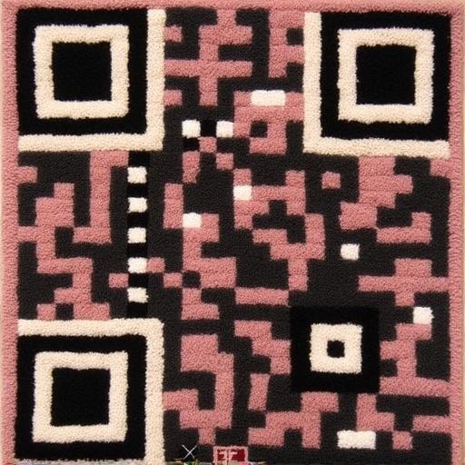 Create a QR code using a design that resembles rug patterns. The QR code features a geometric and colorful aesthetic with a blend of black, white, pink, and beige. The patterns are fluffy and textured, mimicking textile designs.