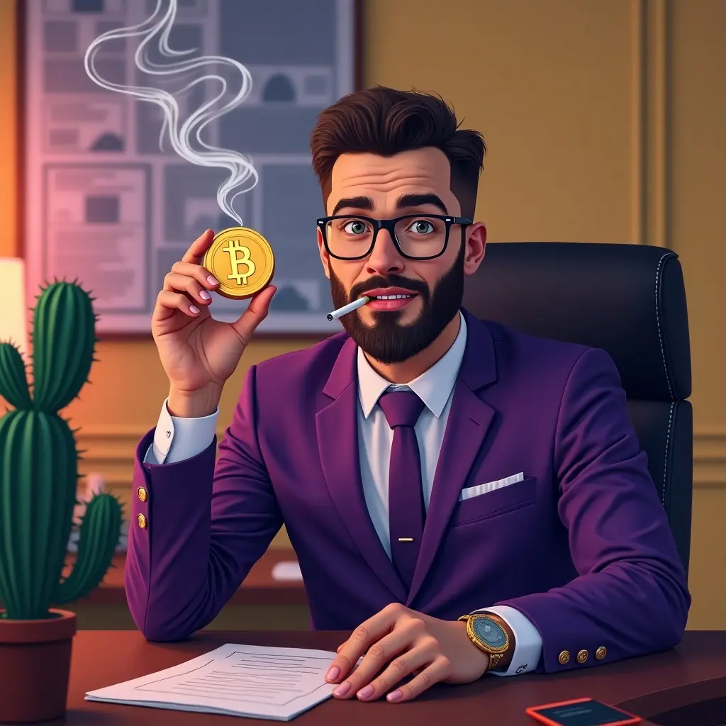 A man in a purple suit sits at a desk. He holds a cryptocurrency coin. A cactus is on his desk. He casually smokes.