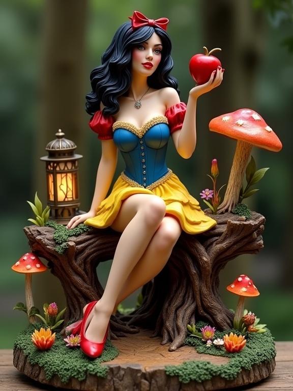 A resin sculpture depicts a sensual woman on a log in an enchanted forest. She wears a blue corset red sleeves yellow skirt. She holds a red apple and smiles softly. The base features roots mushrooms flowers and a lantern.