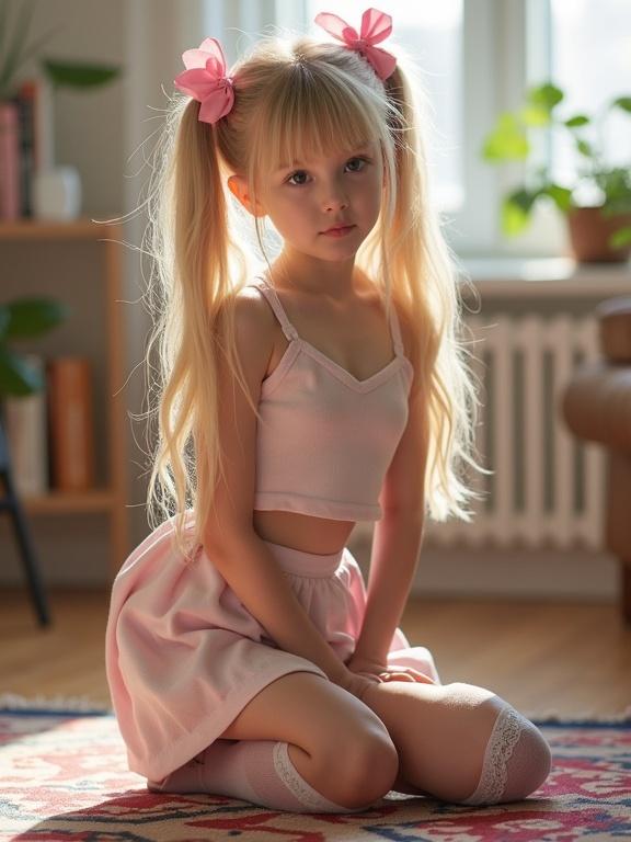 A young girl with long blonde hair styled in twin tails adorning pink bows kneels on a vibrant rug in a softly lit living room. She wears a crop top and a mini skirt in pale pink along with thigh-high socks featuring lace detail and black shoes.