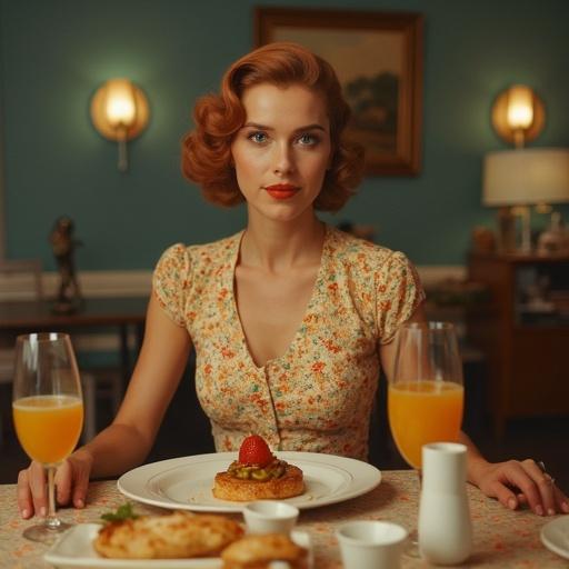 Character in a vintage 1950s diner setting at a dinner table styled with food and beverages. The scene reflects the charm of the era.