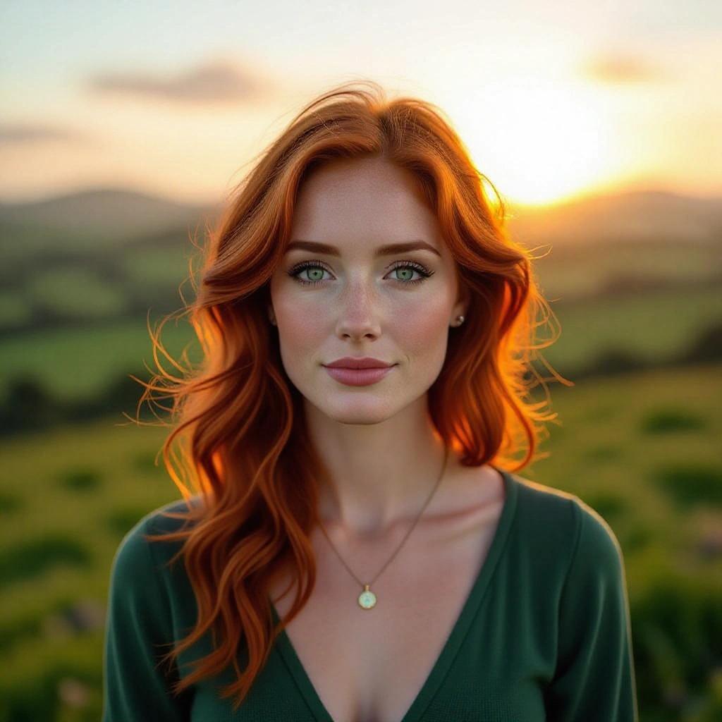 A beautiful Irish redhead with green eyes stands in green hills during sunrise. A loving look in her eyes adds warmth to the scene.