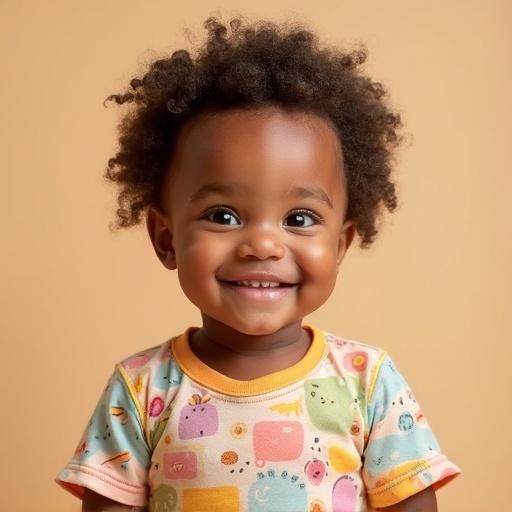 Very cute American baby wearing colorful clothes, full frontal view, smiling gently with smooth soft lighting and no shadows, high detail, bright clean background.