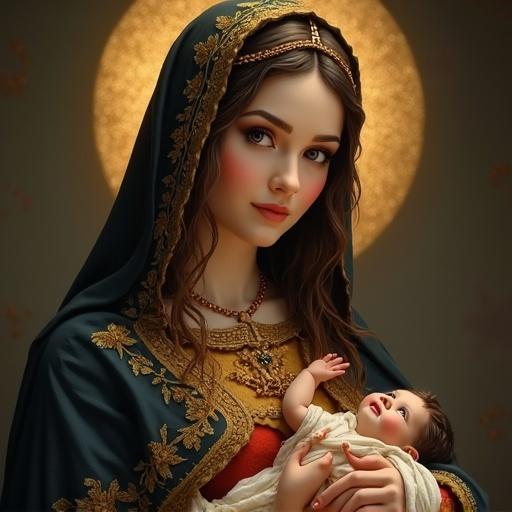 Virgin Mary depicted as beautiful with large breasts. She holds a baby, surrounded by a golden halo.