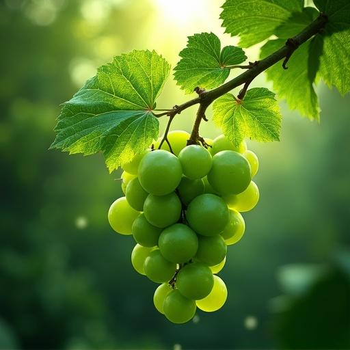 Magical depiction of green grapes on a green plant. Enchanting green sunlight illuminates the scene. Surrounded by a fantastical green aura. Artwork is in a fantasy style.