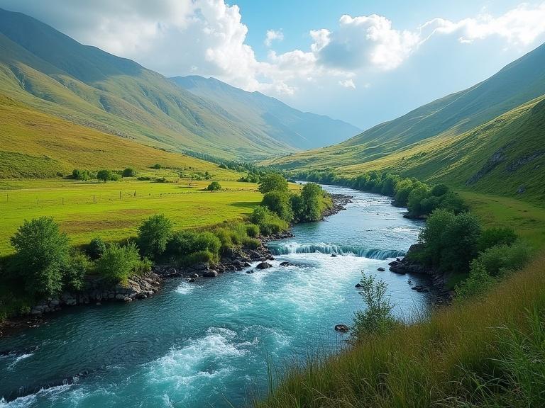 Vibrant river flowing through rolling hills under blue skies. Lush greenery surrounds the water. Gentle sunlight creates a serene atmosphere.