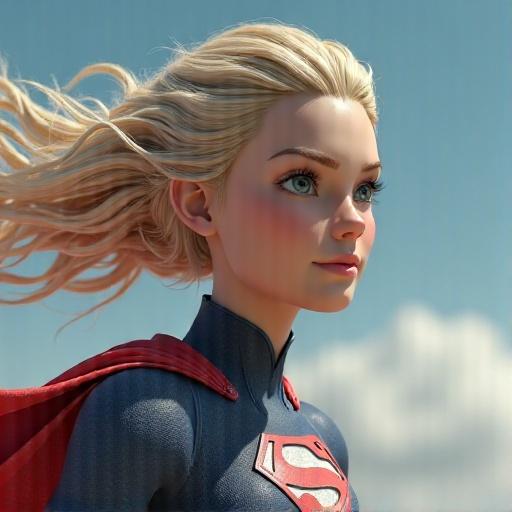 Character with blonde hair in a heroic pose. Face shows confidence with a smirk. Dressed in a blue suit with a red cape. Background is bright and dynamic.