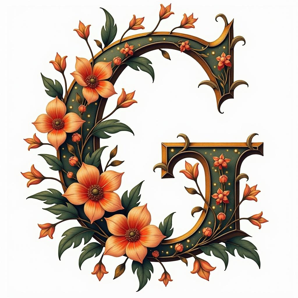 Decorative letter 'G' with vibrant flowers. Florals and intricate designs surround it. Enriched with color and details. Includes stars in the background for added shine.