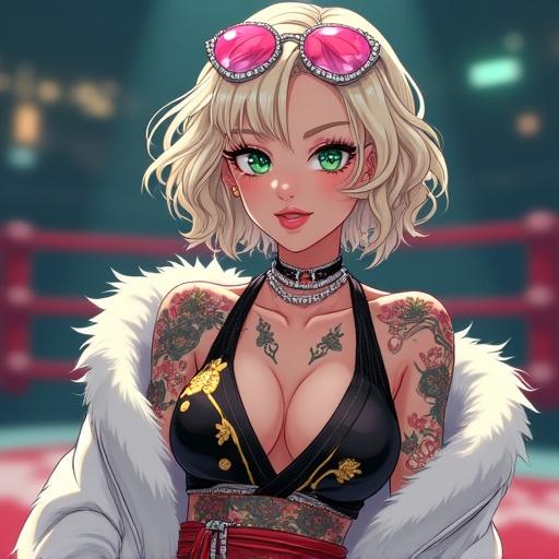 Anime illustration of a 67 year old woman with emerald green eyes and beautiful face. Short elegant light blonde curly hair adorned with light pink diamond jewelry. Depicted as a half Japanese, half Saiyan character in a futuristic martial arts arena. Big breasts, muscular arms, and a six-pack. Showcasing a striking outfit with patterns and colorful tattoos. Features a violent grin and light pink lipstick. Includes modern elements like a cybernetic leg and over-the-top fashion style, night setting in Detroit.