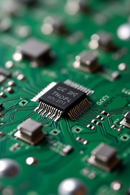 An electronic printed circuit board with SMD capacitors in a close-up view. The central microchip is clearly visible with intricate wiring and multiple SMD components.