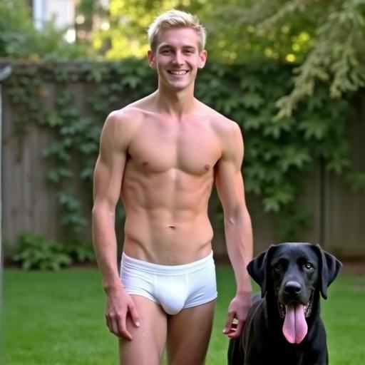 A young man stands in a garden. He has short blond hair and a slim, hairless body. He smiles at the camera while wearing tight white briefs. Next to him, a black male Labrador with its tongue out stands. They are on the lawn in bright daylight.