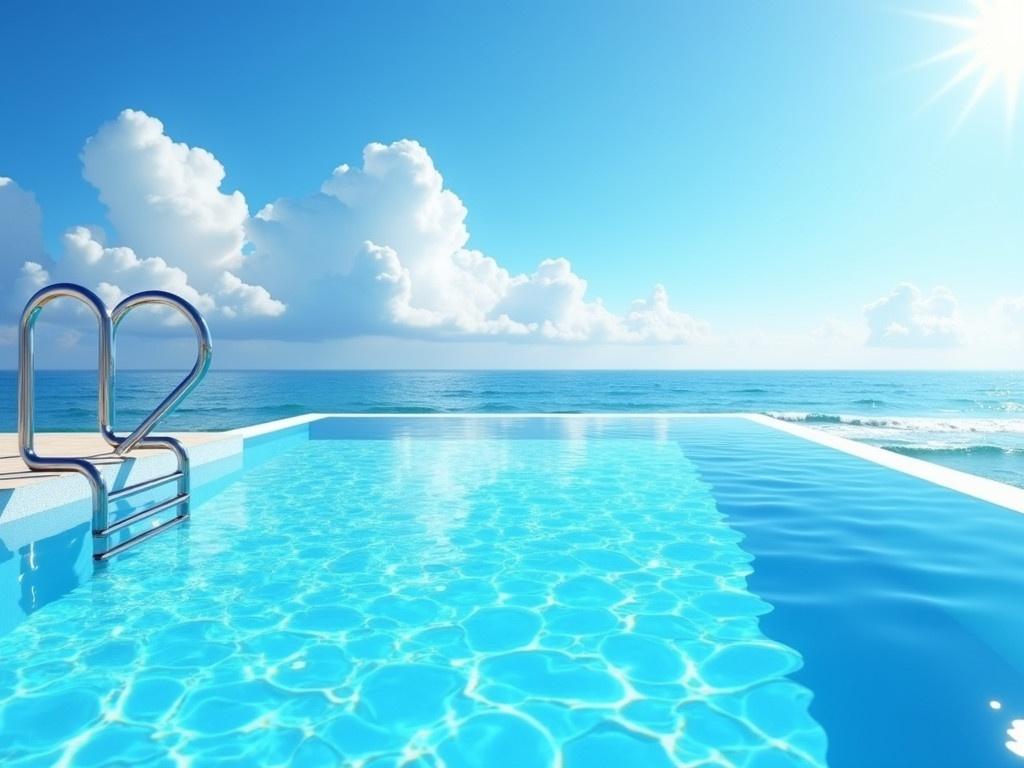 A luxury home swimming pool near the sea is depicted in this scene. The pool features crystal clear water that reflects the vibrant blue sky. Sunlight sparkles off the surface, creating a mesmerizing effect. Sleek metal ladder provides easy access into the refreshing water. In the background, the gentle waves of the sea meet the horizon, enhancing the tranquil atmosphere. Puffy white clouds softly float across the sky, contributing to the serene setting. This idyllic scene invites relaxation and enjoyment in a stunning coastal environment.