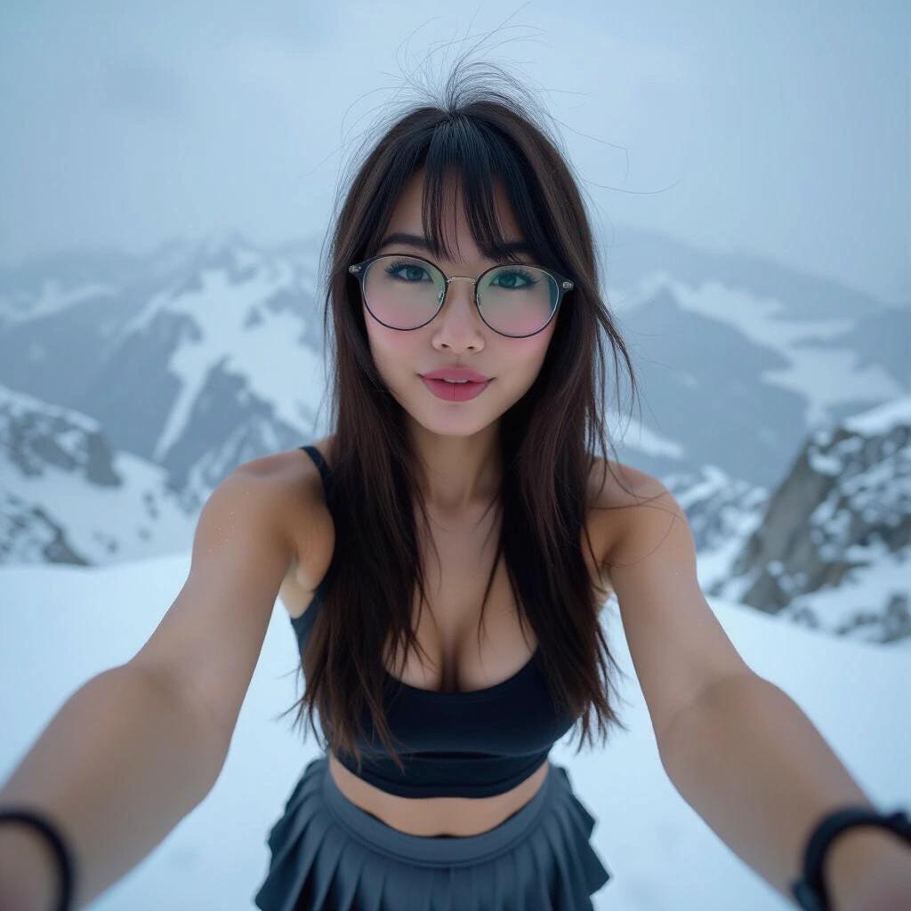 Young woman with bangs wearing glasses takes selfie on snowy mountaintop. She wears low-cut tank top and pleated skirt. Background features heavy snowfall and strong winds.