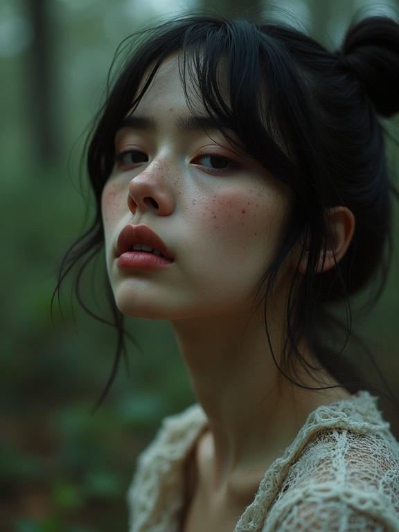 Intricate portrait of a clothed female with space buns and freckles. Lustful expression with eye contact. Soft backlight creating dreamy haze. Shot in forest setting with high contrast. Film grain adds texture. Artistic style reminiscent of Chiara Bautista.