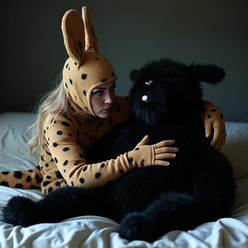 Beautiful blonde woman with blue eyes wearing a cheetah costume embraces a large bunny-like black puppet. Dark room setting. Mood of companionship.