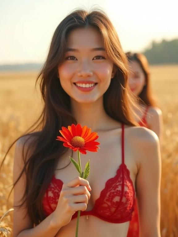 Mid shot of a stunning smiling Chinese woman with long hair holding a flower. Pale skin and red lingerie with a wired bra. A female student figure peeks behind her. The background features a golden wheat field under a sunny sky.