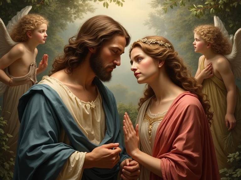 A portrait featuring Jesus with long hair and Virgin Mary with a serene expression in a heavenly setting surrounded by angels. They share an intimate moment with soft light illuminating their faces, creating an ethereal atmosphere.